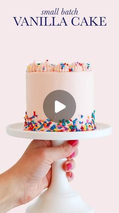 a person holding a cake with sprinkles on it and the caption small batch vanilla cake