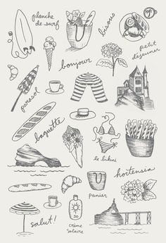 a drawing of different things that are drawn in ink on paper, including hats and other items