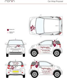 the side and back view of a car wrap design