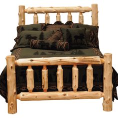 a log bed with green and brown pillows on it's headboard, in front of a white background