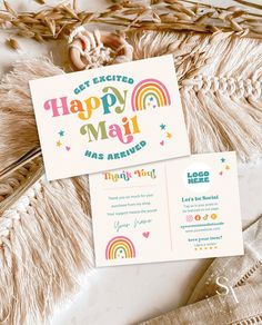 two cards with the words happy mail on them