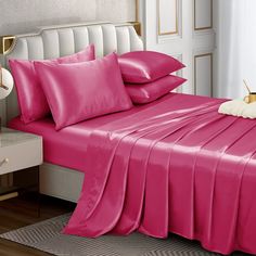 PRICES MAY VARY. ❤Affordable & Luxury Satin Sheet Set: Full size satin sheet set includes 1 flat sheet 96" x 81", 1 fitted sheet 75" x 54" and 4 pillow cases 20" x 30". Deep pocket fits mattresses up to 16" thick. Elastic all around makes that the satin bed sheets will not loosen up no matter what. A beautiful and fine glossy adds an elegant and advanced style to your room. ❤100% Polyester Satin Sheets: Hot pink satin sheets are made of 100% polyester fiber (satin fabric), soft and smooth like a Silk Sheet Set, Full Bed Sheets, Queen Bed Sheets, King Bed Sheets, Silk Sheets, Satin Pillow, Satin Bedding, Satin Sheets, Bed Sheet Set