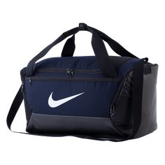 Nike Brasilia Small Duffel. Small but spacious. Zippered main compartment. Zippered inner pocket. Padded shoulder straps. Water bottle storage. 13" H x 10" W x 5" D Polyester. Functional Large Capacity Storage Bag, Nike School Bag With Adjustable Strap, Blue Sports Shoulder Bag With Adjustable Strap, Nike School Bags With Zipper Closure, Nike Shoulder School Bag, Nike Gym Bag With Zipper Closure, Nike Shoulder Bag For School, Nike Rectangular Everyday Bags, Nike Sporty Shoulder Bag For Daily Use