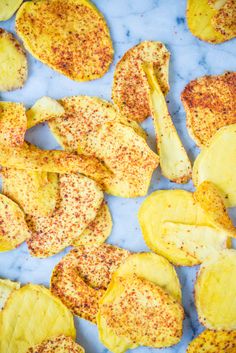 sliced bananas on a marble surface with seasoning