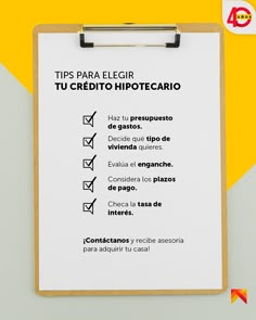 a clipboard with a checklist on it that says tips para elegir tu credito hipotecario