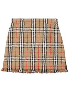 Vintage Check bouclé mini skirt from BURBERRY featuring archive beige, multicolour, cotton blend, bouclé design, Vintage Check pattern, concealed side zip fastening, frayed hem and thigh-length. Burberry Skirt, Check Mini Skirt, Burberry Outfit, Tartan Skirt, Burberry Vintage, Tweed Mini Skirt, Motif Vintage, Fitted Skirt, Check Pattern