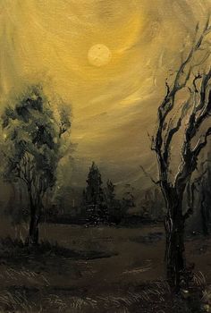 an oil painting of trees in a field with the sun setting behind them and yellow sky