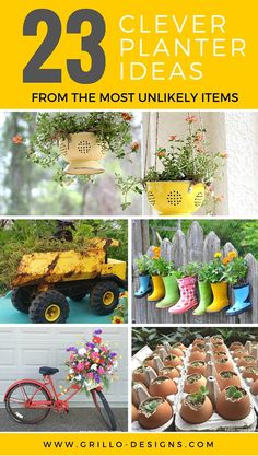 several different pictures with flowers and plants in them, including an old truck as the centerpiece