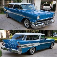 two pictures of an old blue and white car