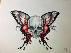 a drawing of a skull and butterfly with blood dripping from it's wings on a sheet of paper