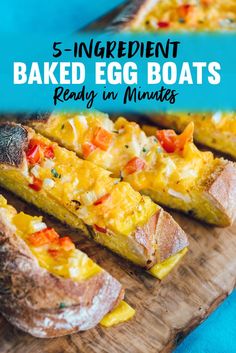 baked egg boats on a cutting board with text overlay