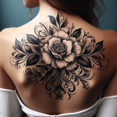 the back of a woman's neck with flowers on it