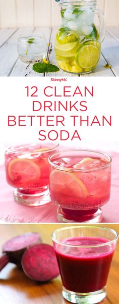 two glasses filled with different types of drinks on top of a wooden table next to sliced radishes