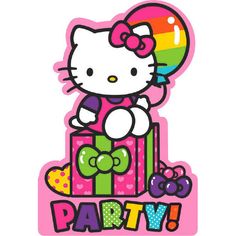 a hello kitty birthday card with balloons and presents on it's bottom, says party