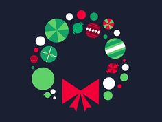 a christmas wreath with ornaments around it on a dark blue background, surrounded by smaller green and red balls