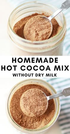 homemade hot cocoa mix without dry milk in a jar with spoons on the side