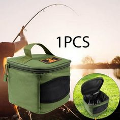 an image of a man fishing on the water with his green cooler bag and rod