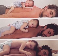 three pictures of a man and woman sleeping with their babies