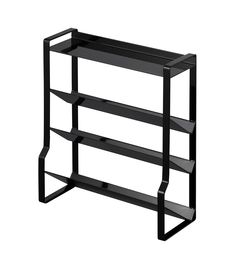 a black shelf with three shelves on each side