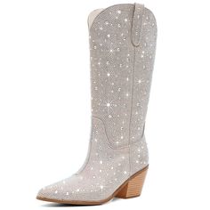 PRICES MAY VARY. 【HIGH QUALITY MATERIAL】These boots made with high-quality materials for durability and long-lasting use. Improved rhinestone paste craft to ensure that the rhinestones do not fall off. 【FASHION STYLE】Sparkly rhinestone add a touch of glamour and sparkle to these western boots. These mid-calf boots offers a versatile style that pairs well with jeans, skirts, or dresses. 【COMFORTABLE】Chunky heel boots designed for comfort and support, ideal for all-day wear. The lining is made of White Sparkly Boots, Sparkling Cowboy Boots, White Sparkly Cowgirl Boots, Bedazzled Cowboy Boots, Preppy Cowgirl Boots, Boots And Bling Party Outfit, Disco Cowgirl Outfit, Women Cowboy Boots, Cowgirl Rhinestone