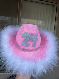 Pink sparkly 24th birthday cowgirl hat!! Pink Party Fedora With Curved Brim, Pink Fedora For Party, Pink Fedora With Curved Brim For Party, Pink Brimmed Fedora For Party, Pink Curved Brim Fedora For Party, Pink Wide Brim Fedora For Party, Pink Fedora For Kentucky Derby Party, Trendy Kentucky Derby Party Hat, Trendy Hat For Kentucky Derby Party