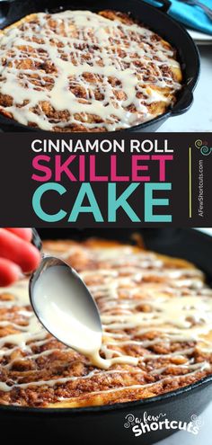 the cinnamon roll skillet cake is ready to be eaten with a spoon in it