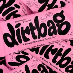 pink and black candy bar wrappers with the word dirtbab on it's side