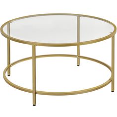 an oval glass table with gold metal frame and round glass top, viewed from the side