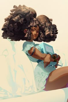 a digital painting of a woman with curly hair sitting on a ledge holding a box