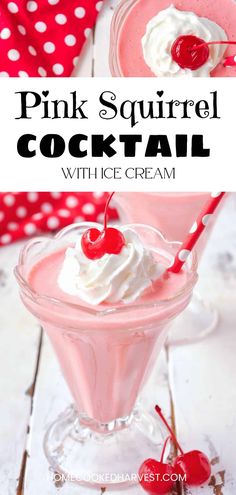 pink squirrel cocktail with whipped cream and cherries