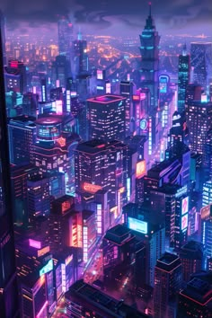 the city is lit up at night with neon lights and skyscrapers in the background