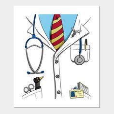 a doctor's uniform with scissors, stethoscope and other medical items