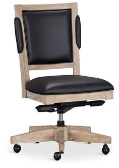 an office chair made out of wood and black leather