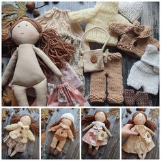 several pictures of dolls and knitted clothes on a wooden surface, including one with a doll's head