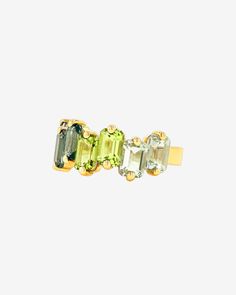 Crafted in 14-karat gold, this ring is set with emerald-cut green ombre gemstones in our classic uneven setting. This half band is an exciting and effortless way to add some color to any wardrobe. Details 14k yellow gold 6x4mm emerald-cut green envy topaz, peridot and green amethyst gemstones 8mm width Ref: PR558GG Amethyst And Emerald Ring, Green Ombre, Green Diamond, Jewelry Tray, Green Amethyst, Emerald Ring, Amethyst Gemstone, Diamond Wedding Rings, Eternity Bands