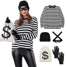 a woman in black and white striped shirt holding a bag with dollar signs on it