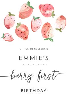 a birthday card with watercolor strawberries on it and the words,'berry first birthday