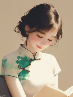 a woman is reading a book while wearing a white dress