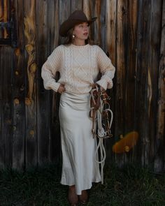 Stella Skirt – Court's General Store Courts General Store, Satin Skirt Cowboy Boots, Cold Weather Cowboy Boots Outfit, Western Sweater Outfits, Satin Skirt With Sweater, Fall Outfits Western, Cold Western Outfit, Southern Gothic Fashion, Classy Cowgirl Outfits