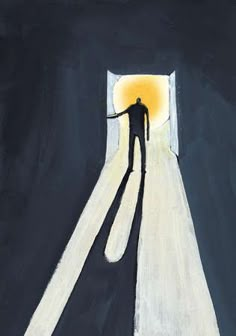 a painting of a man standing in front of a light at the end of a tunnel