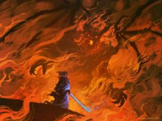 a painting of a person on a horse with flames in the sky behind them,