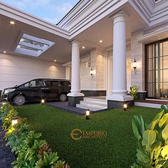 a black car is parked in front of a house with white pillars and lights on the grass