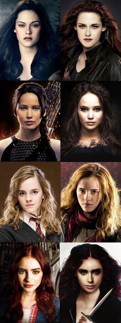 four different pictures of the same woman in harry potter's costume, one with long hair