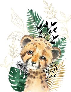 a drawing of a baby cheetah surrounded by tropical leaves and plants on a white background