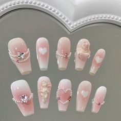 ✨【High Quality Material】Using safe, non-toxic and environmentally friendly acrylic nail glue, different sizes of false nails allow you to choose the right nail size. 🙌【Say Goodbye Nail Polish】These designed fake nails are ready to wear and require no nail polish, UV lights and drying time, you can get a salon-quality manicure at home in minutes. 🕚【Long-lasting and Safe】These reusable press-on nails can last up to about 1 week with normal care, and will last longer with glue. 💟【What will you get? 】Fake nails, adhesive tablets, cleaning tablets, mini file, cuticle stick. 🎁【Perfect Gift】These nails are a perfect gift for girlfriends, wives, women and girls. Suitable for parties, proms, dates, weddings, etc. 📢Note: If we send you the wrong set, I will refund you or send you a brand new se Pink Gradient Nails, Desain Salon Kuku, Nails Long Almond, Acrylic Nails Long, Occasion Nails, Press On Nails Pink, Almond Press On Nails, Kawaii Nail Art, Angel Nails