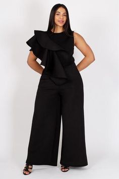 Walk in elegance and glam with this plus size wide-leg jumpsuit. Be able to strut into the next season's events looking classy and confident.  Item# 40908 Polye Jump Suites, Styling Women, Daily Clothes, Ruffle Jumpsuit, Plus Size Jumpsuit, Big Girl, Sleeveless Jumpsuits