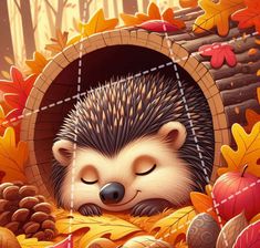 an illustration of a hedgehog sleeping in a tunnel surrounded by autumn leaves and acorns