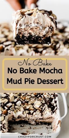 no bake mocha mud pie dessert with text overlay