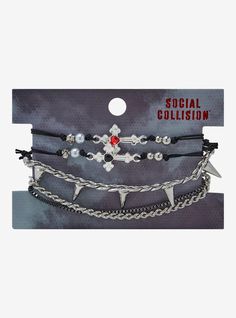 Add some dark romance to your look with this bracelet set! Featuring a pair of matching gothic cross cord bracelets for you and a bestie  and other layering pieces with subtle chain and spike designs. Grunge Bracelets, Social Collision, Goth Cross, Kitty Room, Hello Kitty Room Decor, Spike Bracelet, Edgy Jewelry, Gothic Cross, Gothic Crosses