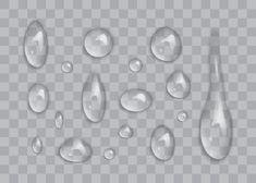 drops of water on a transparent background, set of different shapes and sizes for your design